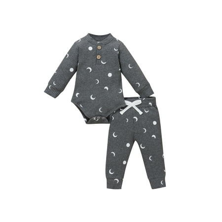 

IZhansean Newborn Baby Boys Girls Casual 2pcs Clothes Moon Printed Long Sleeve Romper Drawstring Pants Set Dark Gray 12-18 Months