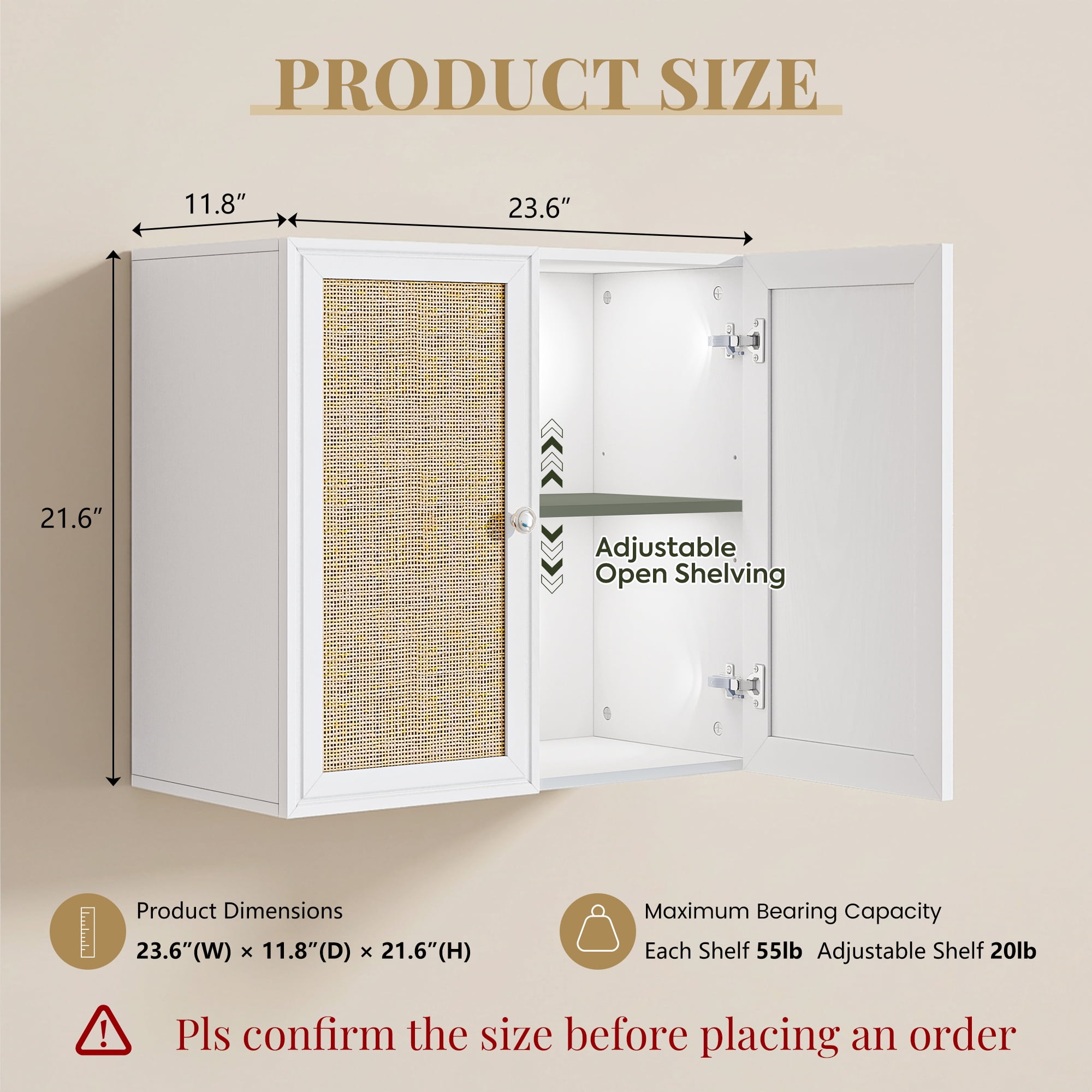 Rattan Laundry Room Cabinets, Bathroom Cabinets Wall Mounted with Adjustable Shelves, Wall Cabinet for Kitchen