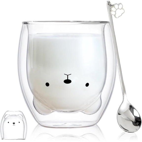 Binostr Bear Cute Mug Cute Double-Layer Glass Coffee Tea Cup Yogurt Cup Fun Novelty Gift Suitable for Women, Friends, Office, Birthday, Christmas
