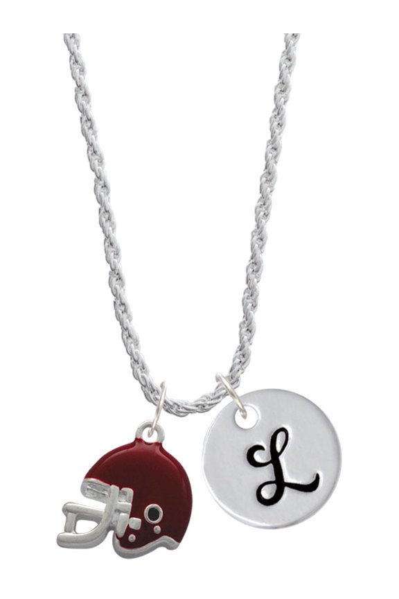 Silvertone Small Maroon Football Helmet Silvertone Script Initial Disc - L - Charm Necklace, 20"+3"