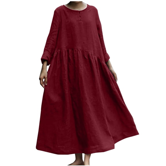 AherBiu Plus Size Dresses for Women Cotton Linen Long Sleeve Button Scoop Neck Ruched Loose Maxi Dress