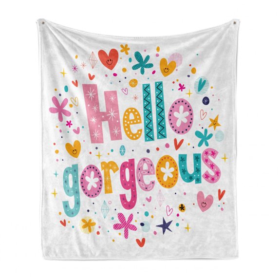 Hello Gorgeous Soft Flannel Fleece Blanket, Girl Female Themed Typography Words with Star Hearts Lines and Floral Motifs, Cozy Plush for Indoor and Outdoor Use, 70" x 90", Multicolor, by Ambesonne