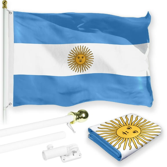 G128 Combo Pack: 6 Feet Tangle Free Spinning Flagpole (White) Argentina Argentinian Flag 3x5 ft Printed 150D Brass Grommets (Flag Included) Aluminum Flag Pole