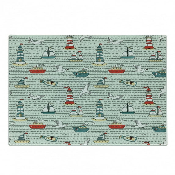 Lighthouse Cutting Board, Seagulls Lighthouses Message Bottles Steamboats Sailboats Wavy Pattern Nautical, Decorative Tempered Glass Cutting and Serving Board, Small Size, Multicolor, by Ambesonne
