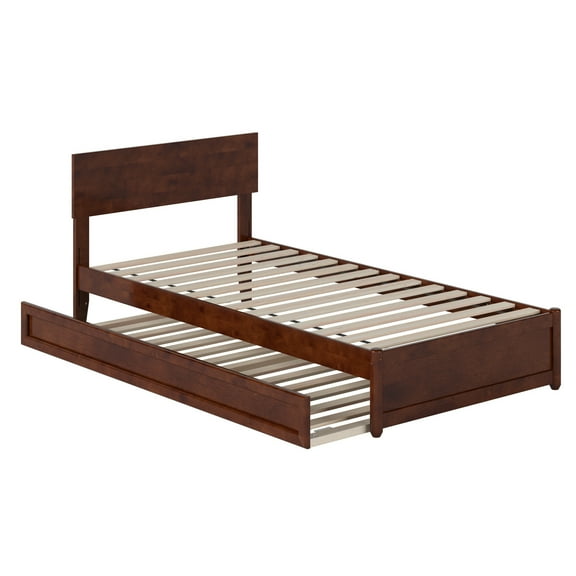 Wesley Twin XL Wood Platform Bed with Panel Footboard & TwinXL Trundle in Walnut