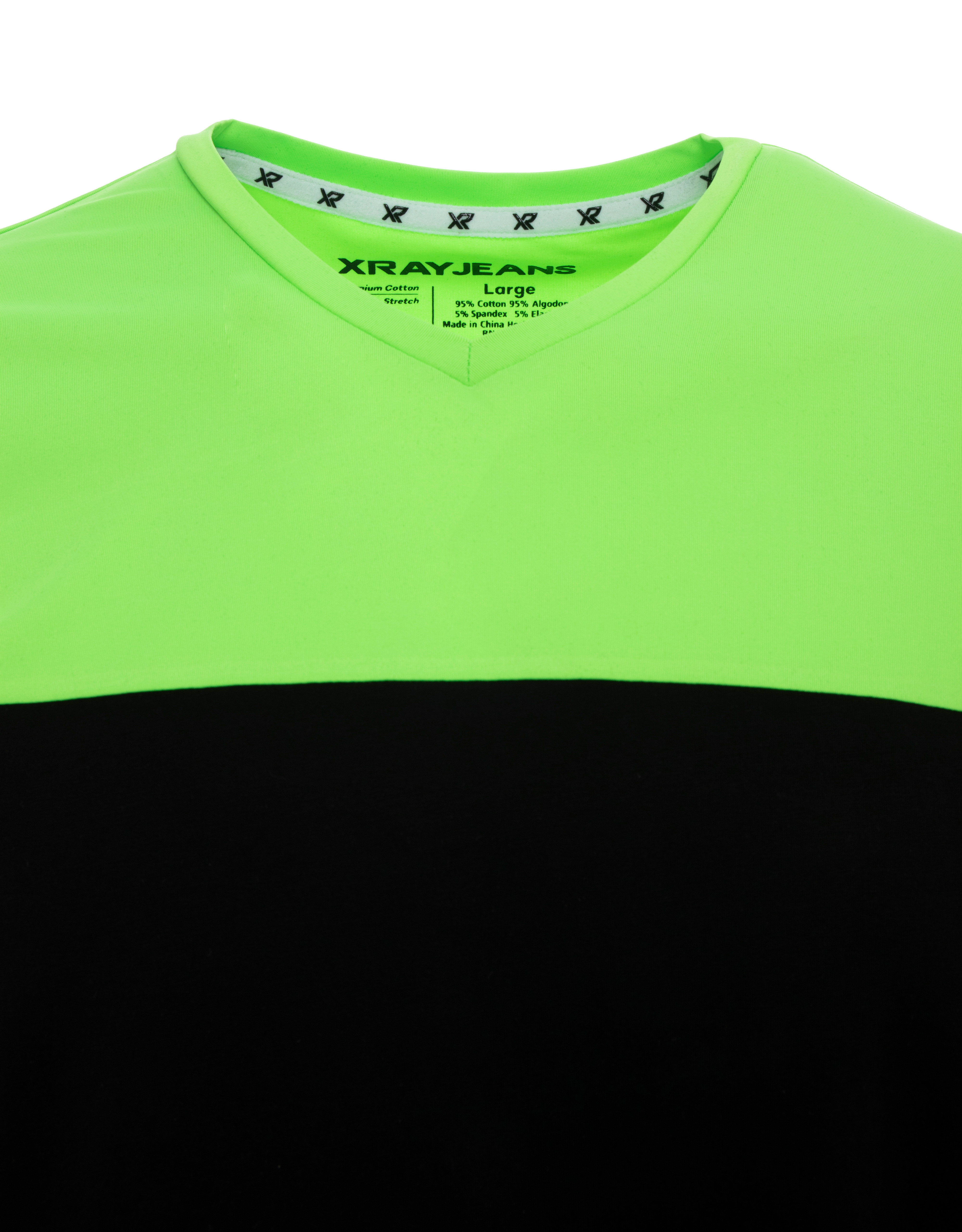 X RAY Men's Soft Stretch Cotton Solid Colorblock Short Sleeve V-Neck Slim Fit T-Shirt, Fashion Sport Casual Tee for Men, Black/Neon Green Size Large - image 3 of 4