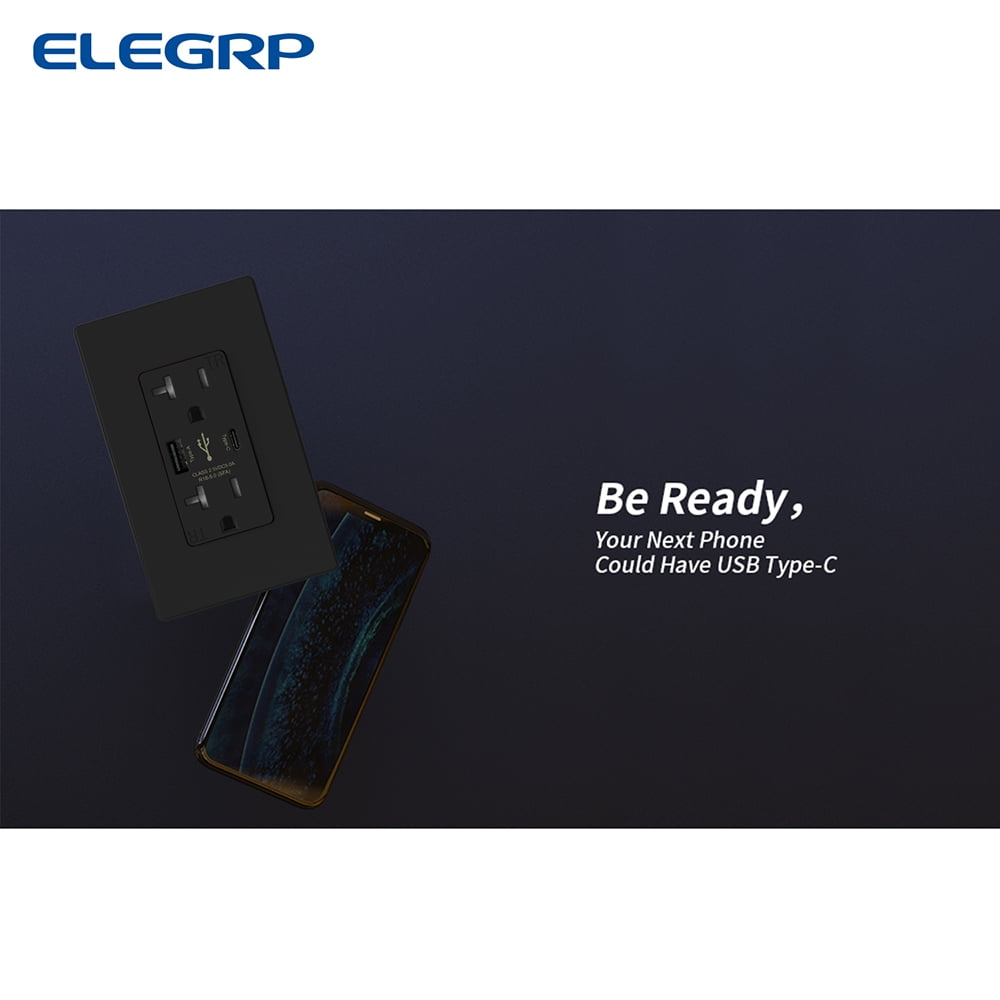 ELEGRP USB Outlets Receptacles, USB C Wall Outlet, 25W 5.0 Amp High Speed Charging USB Electrical Outlet, 20 Amp Tamper-Resistant Outlet with USB C Ports, UL Listed, Wall Plate Included