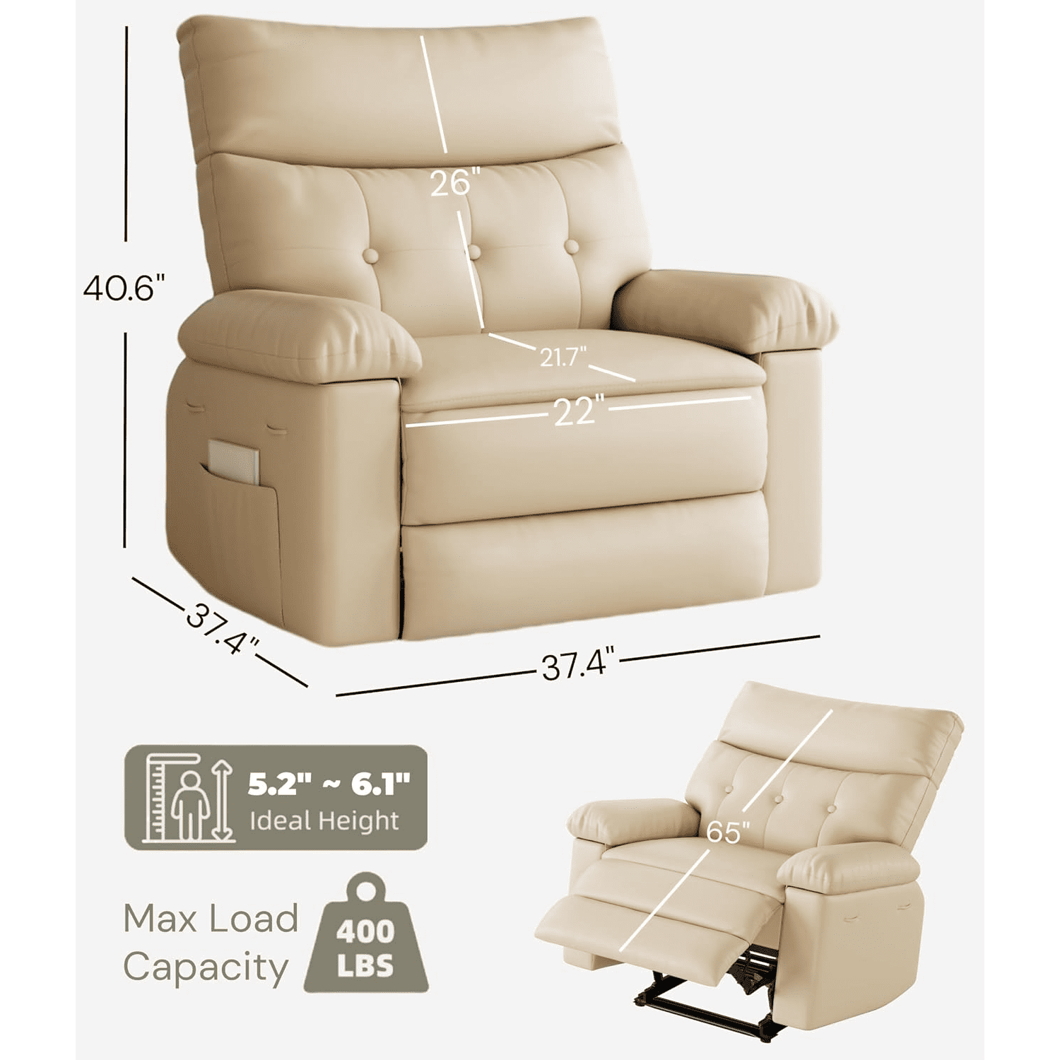 Oversized Manual Recliner Chairs for Adults, PU Leather Small Recliner Chair with 90° - 150° Adjustable Back,Lazy Boy Single Sofa Chairs for Small Space