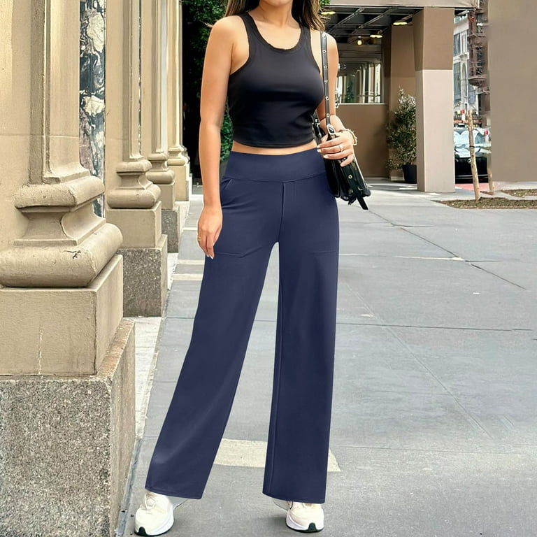Womens High Waist Dress Pants, Stretchy Wide Leg Business Casual Work  Trousers Pull on Workout Yoga Leggings with Pockets Navy XXL