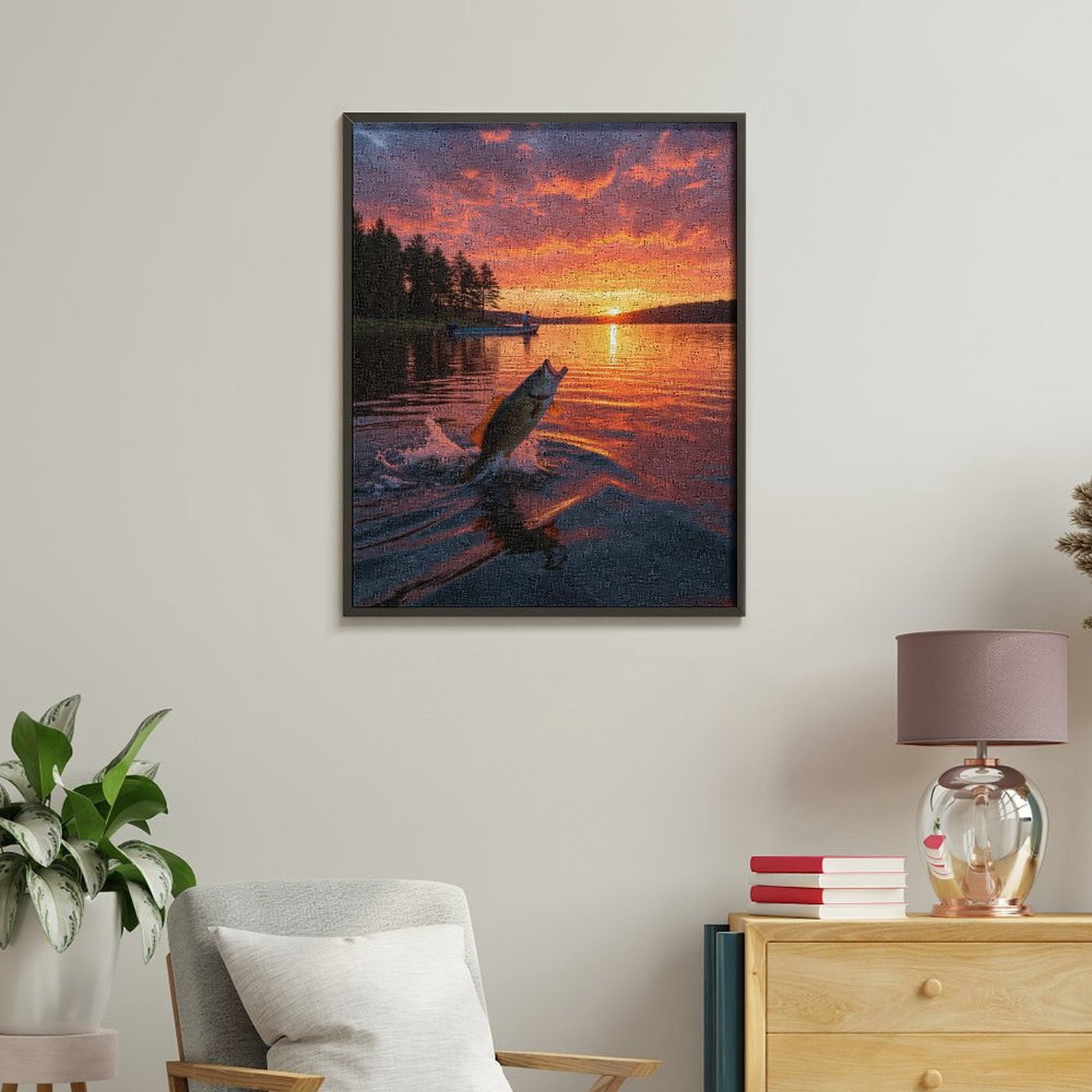 Paint By Numbers Kit for Adults Beginner - DIY Fishing Sunset Lake Splashing Water Canvas Painting Kits for Adults, Frameless Paint By Number for Adults for Home Wall Decor 16x20 Inch