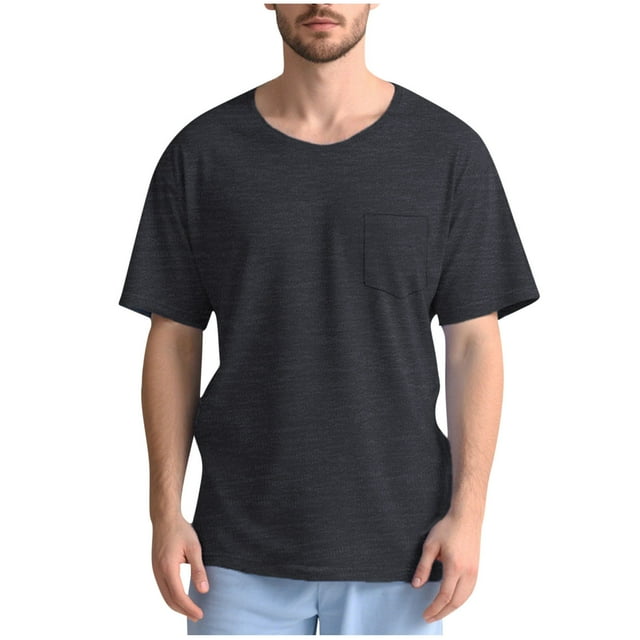 Dagugfen Tshirts for Men Round Neck Short Sleeve Loose Solid Color Open Back Button Tee Shirts Pocket