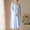 thumbnail image 2 of Defitshape Women's Cotton Pajama Dress Ladies Long Sleeve Victorian Nightgown Soft Vintage V Neck Frill Sleep Shirt Lace Patchwork Sleepwear Knee Length Midi Lounge Sleeping Nighty Blue Large, 2 of 5