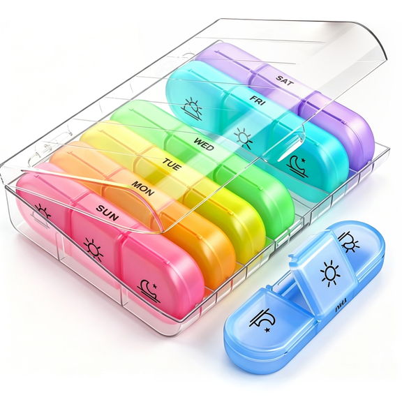 Weekly Pill Organizer 21 Compartments, 3‑Times‑A‑Day Colorful 7 Day Pill Box, Detachable Portable Medicine Case for Vitamins Pills Supplements Home Travel Use