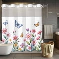 thumbnail image 5 of No Hook Shower Curtains with Snap-in Liner Set, Pink Flowers Waterproof Hotel Style Bathroom Shower Curtain, Spring Floral Butterfly Leaves Plants Pastoral Breathable Mesh Top Bath Curtains 72''x78'', 5 of 9