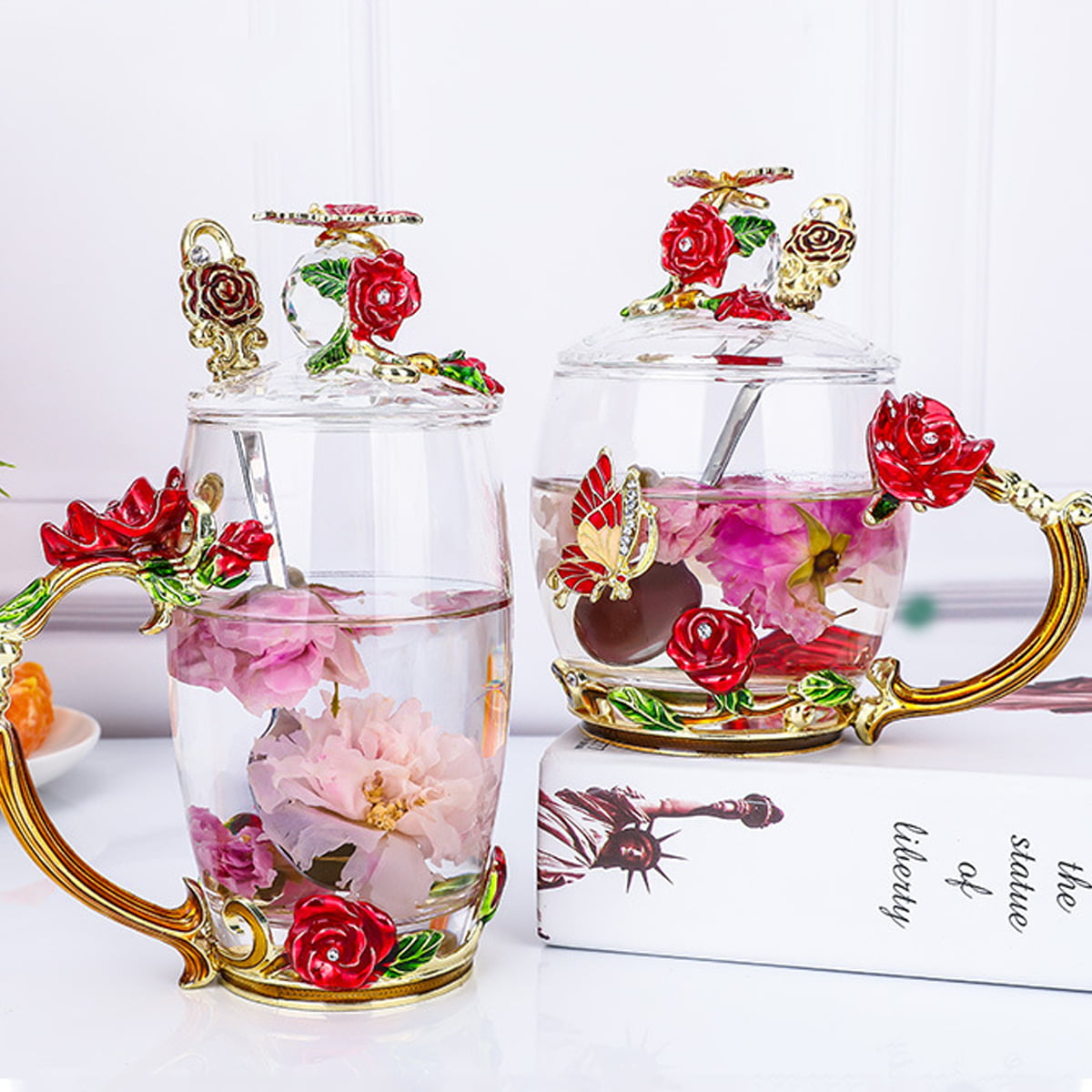 Flower Glass Tea Mug Flower Lead Free Hand Made Enamel Rose Clear Glass Coffee Cup Mother