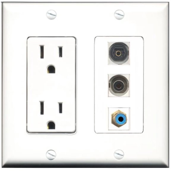 RiteAV - 15 Amp Power Outlet 1 Port RCA Blue 1 Port Toslink 1 Port 3.5mm Decorative Wall Plate