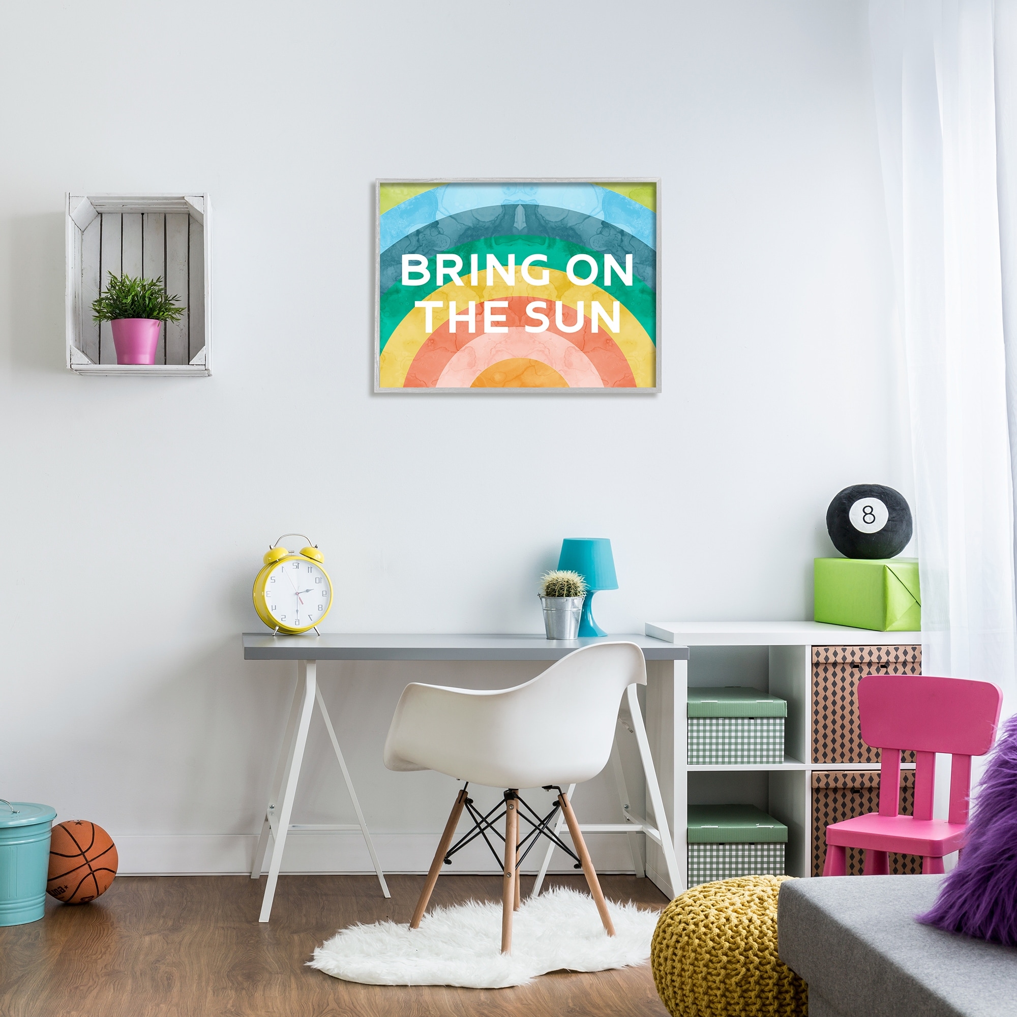 Stupell Industries Bring On The Sun Typography Rainbow Watercolor Detail Graphic Art Gray Framed Art Print Wall Art, Design by Daphne Polselli