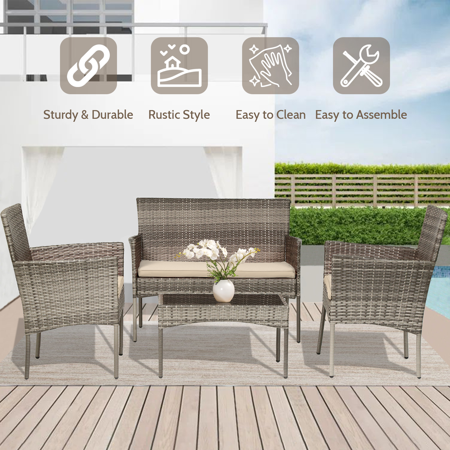 Patio Conversation Set 4 Pieces Patio Furniture Set Wicker with Rattan Chair Loveseats Coffee Table for Outdoor Indoor Garden Backyard Porch Poolside Balcony,Gray Wicker/Khaki Cushions - image 5 of 7