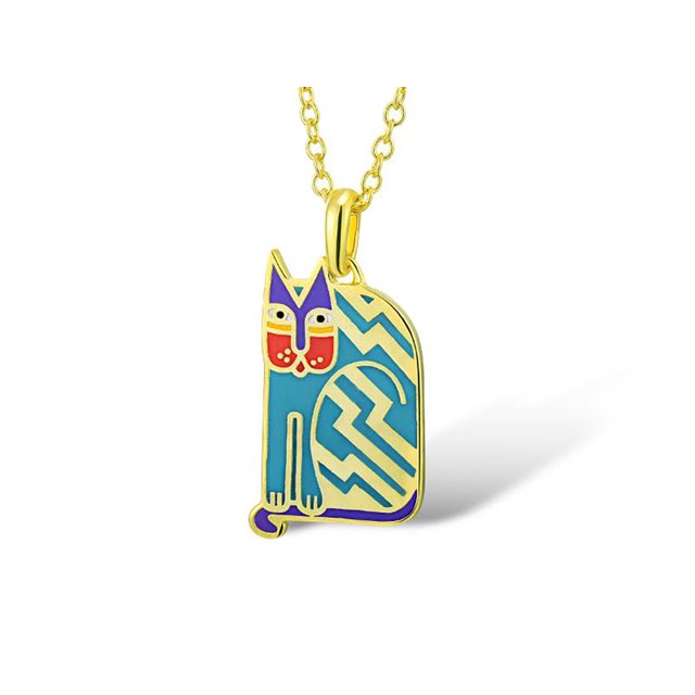 Laurel Burch Aztec Cat Blue Cloisonne Pendant w/ Necklace