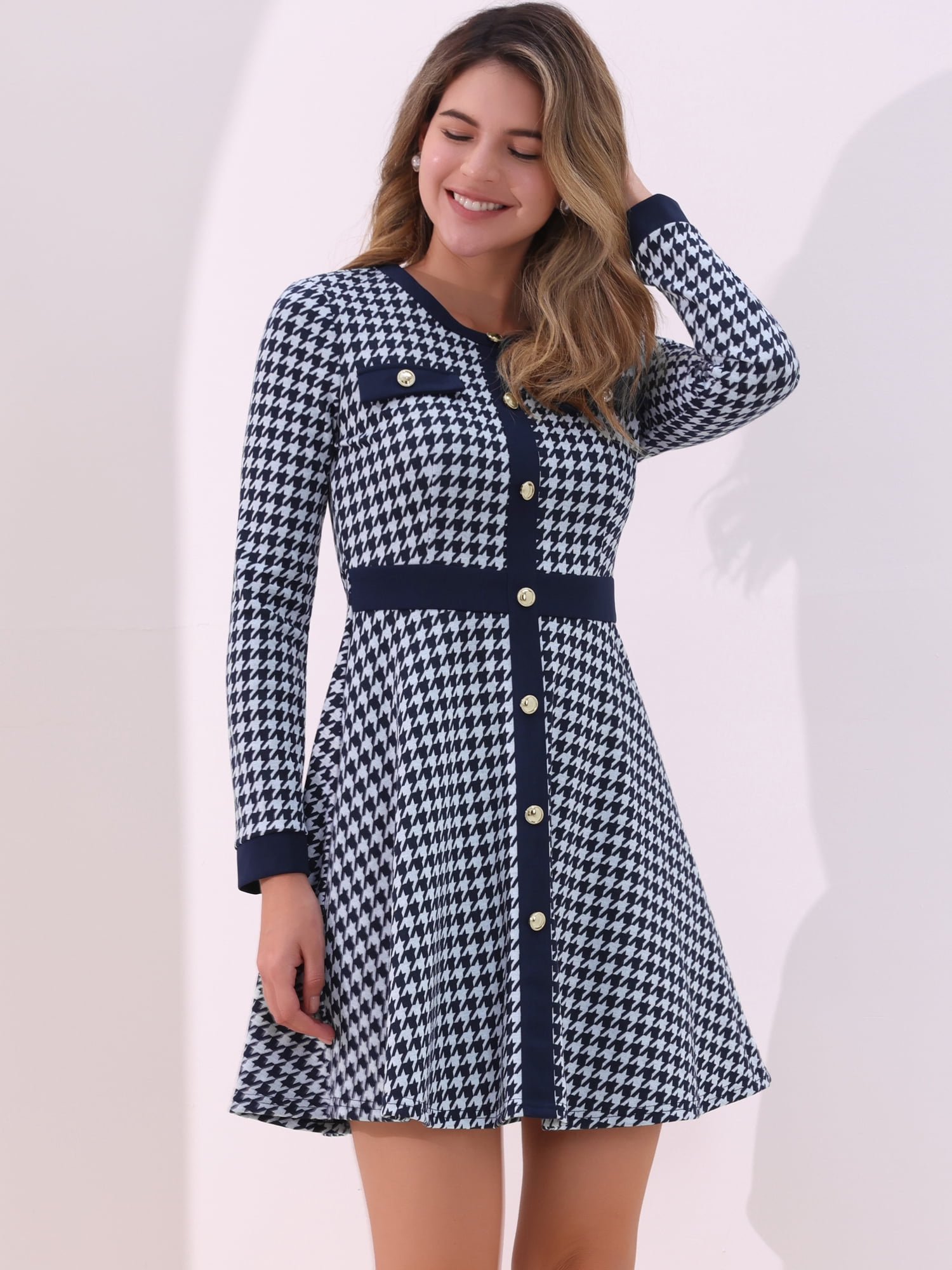 DARING DIVA Women's Elegant Houndstooth Round Neck A Line Plaid Dresses M Dark Blue