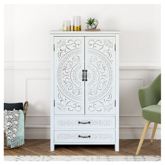 27" Accent Tall Tower Storage Cabinet, Rustic White, 2 Doors   2 Drawers, Buffet Sideboard