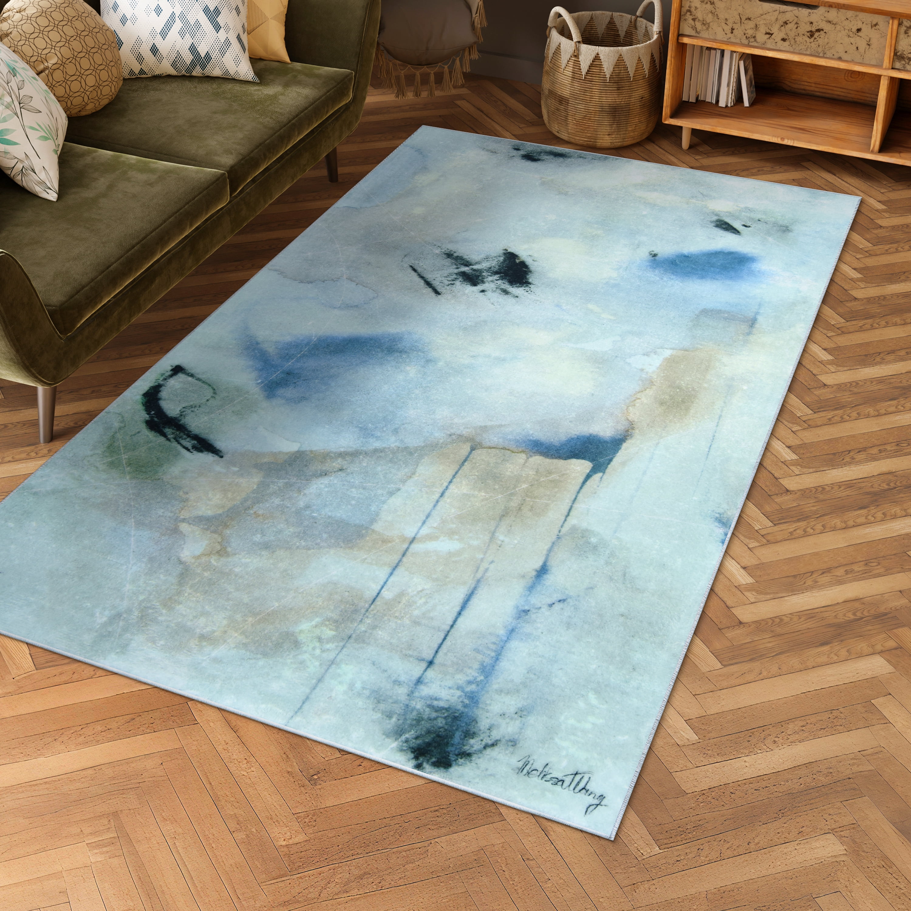 Floating Stars, 5'x8' Hand Washable Abstract Art Area Rug