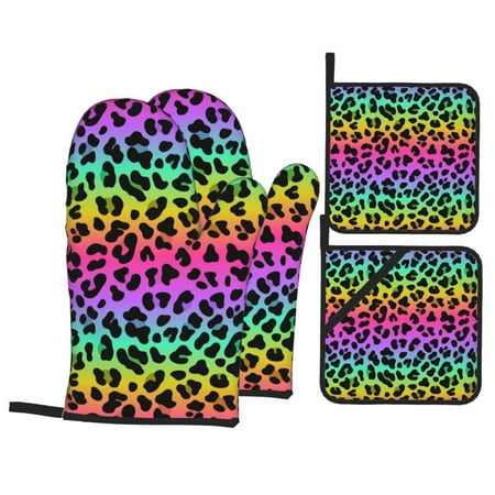 

Oven Mitts and Pot Holders 4 pcs Set Rainbow leopard colorful fashion Heat Resistant Pot Holders Oven Mitts for kitchen Non-Slip Hanging Loop Oven Glove Potholders for Baking Cooking