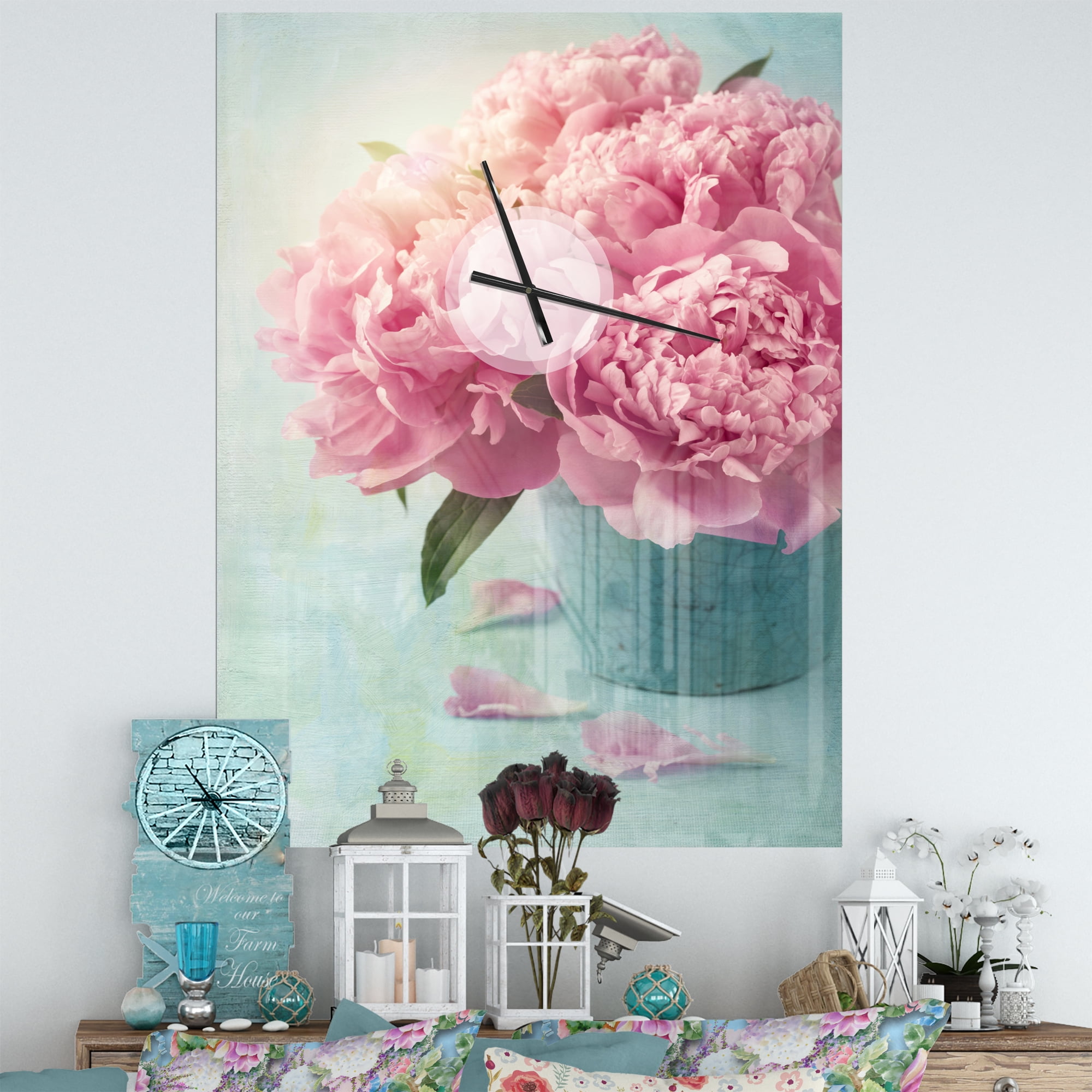 Designart 'Pink Peony Flowers in Vase' Floral wall clock