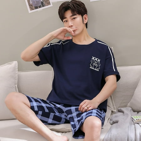 

QWZNDZGR Summer Casual men s pajamas Knitted cottonshort sleeve shorts Striped Pajamas lattice Sleepwear Home clothes set fasion sizeXXXL