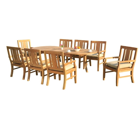 9 PC A Grade Outdoor Patio Teak Dining Set - 94" Double Extension Oval Table & 8 Osawa Arm Chairs