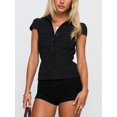 thumbnail image 3 of Women Y2K Lapel Cap‑Sleeve Button‑Down Crop Blouse, Ruched‑Front Tie‑Back Slim‑Fit Vintage Going‑Out Summer Top, 3 of 10