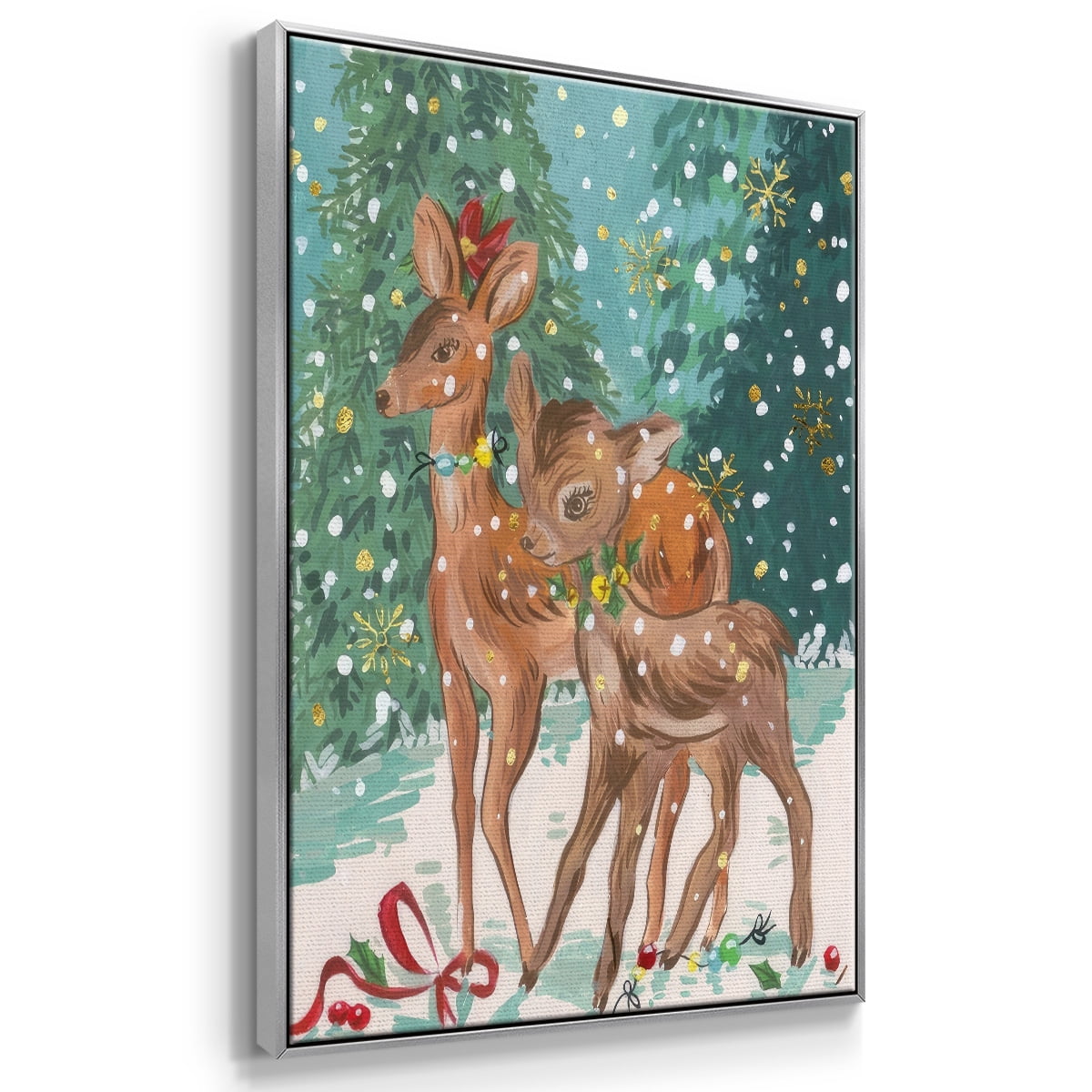 Doe and Fawn I - Framed Gallery Wrapped Holiday Canvas - 17 x 25 - Silver Frame