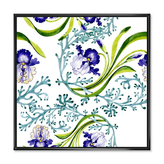 Designart 'Abstract Blue Iris With Wild Spring Leaves' Traditional Framed Canvas Wall Art Print
