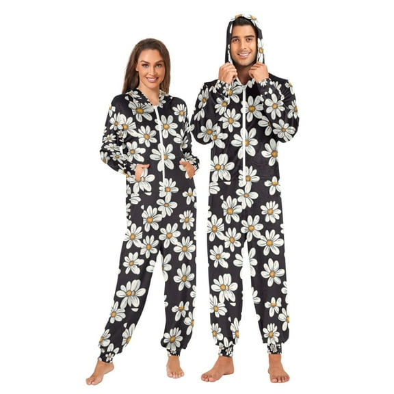 Adult Christmas Onesie White Daisies Black Background Zipper One-Piece Pajamas Unisex with Pockets