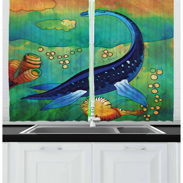 Dinosaur Curtains 2 Panels Set, Ancient Wild Sea Creature Plesiosaurus