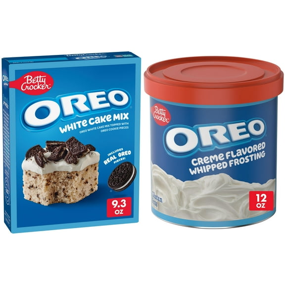 Betty Crocker OREO White Cake Mix, White Cake Baking Mix With OREO Cookie Pieces, 9.3 oz and Betty Crocker Oreo Cream Frosting