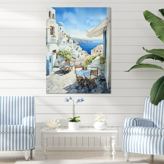 Designart "Coastal Village of Greek Isles II" Landscapes Canvas Wall Art - Country White Greece Bedroom Canvas Wall Art