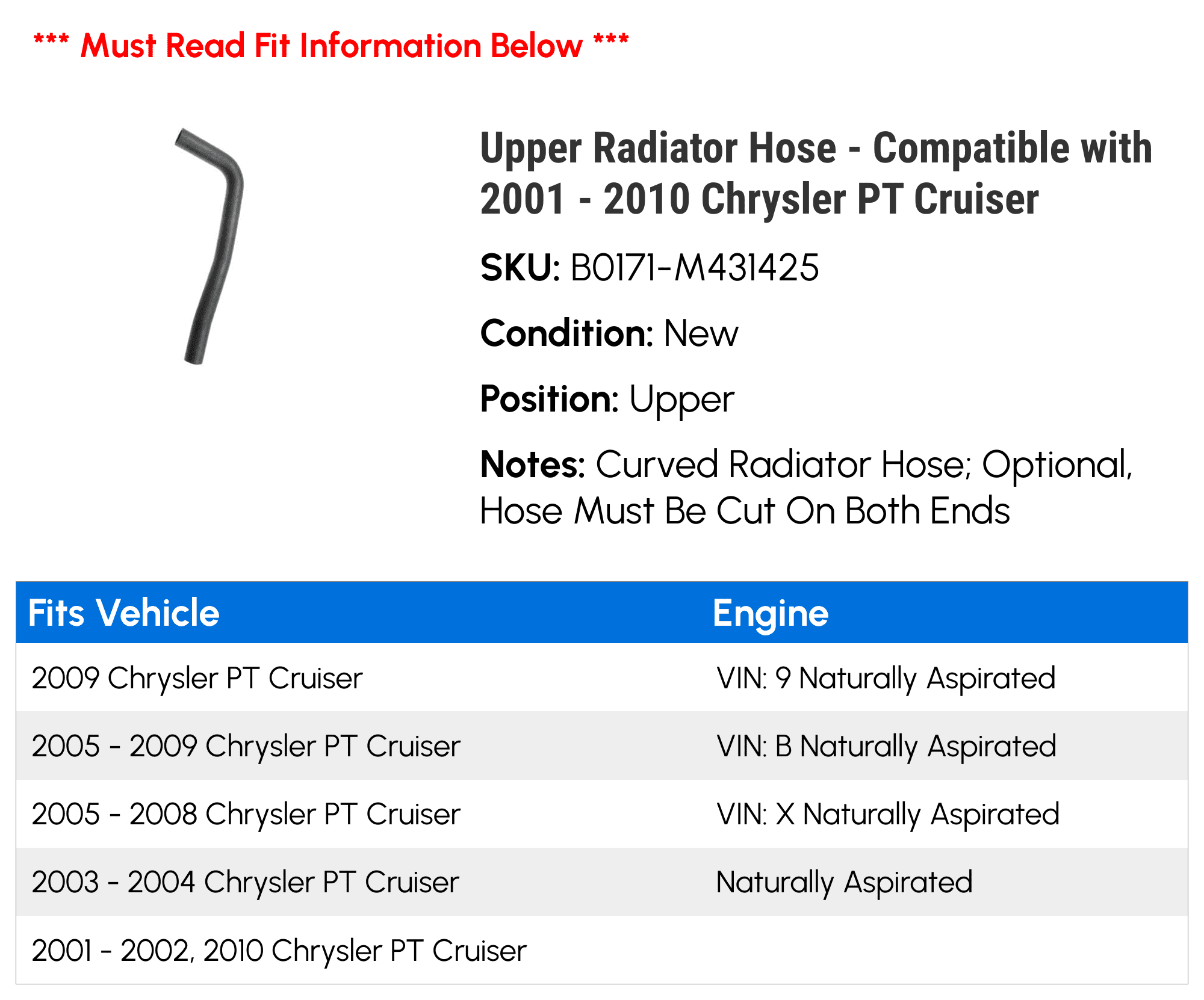 Upper Radiator Hose - Compatible with 2001 - 2010 Chrysler PT Cruiser 2002 2003 2004 2005 2006 2007 2008 2009