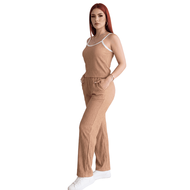 Conjunto Moderno 2 Piezas, Top de Tirantes y Pantalón Acampanado, Look Sofisticado Y Casual para Mujer