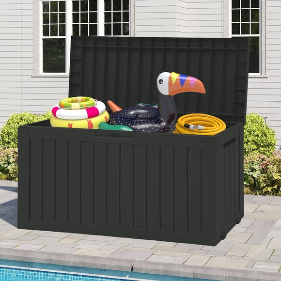 DEXTRUS Coffre de Terrasse Extérieur en Résine de 72 Gallons avec Poignées Latérales et Roues, Rangement pour Meubles de Patio Étanche et Verrouillable, Noir