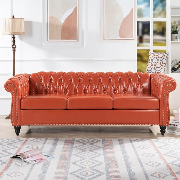 Chesterfield Faux Leather Sofa, 3 Seater Upholstered Tufted Couch with