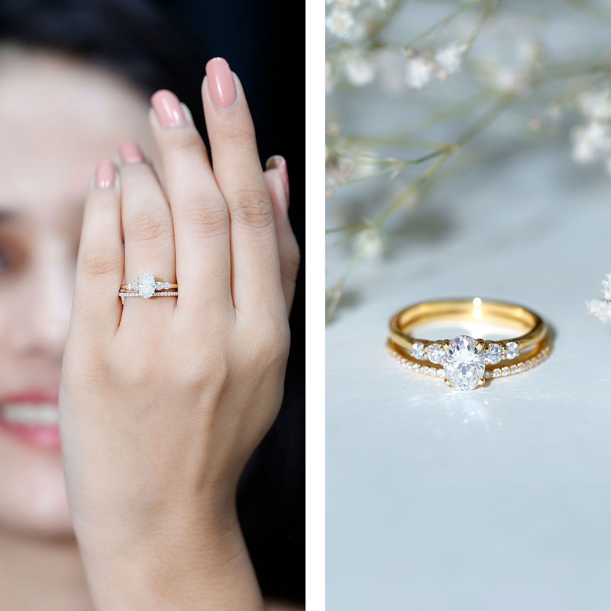Rosec Jewels Lab Diamond Wedding Ring Set for Women - 0.75 Carat Oval Engagement Ring with Band (EF-VS Grade), 10K Yellow Gold, US 4.50
