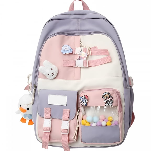 GASTROPOD Preppy Bunny Backpack with Duck Pendant & Pins - Student Cute Back To School Supplies Animal Aesthetic Bag
