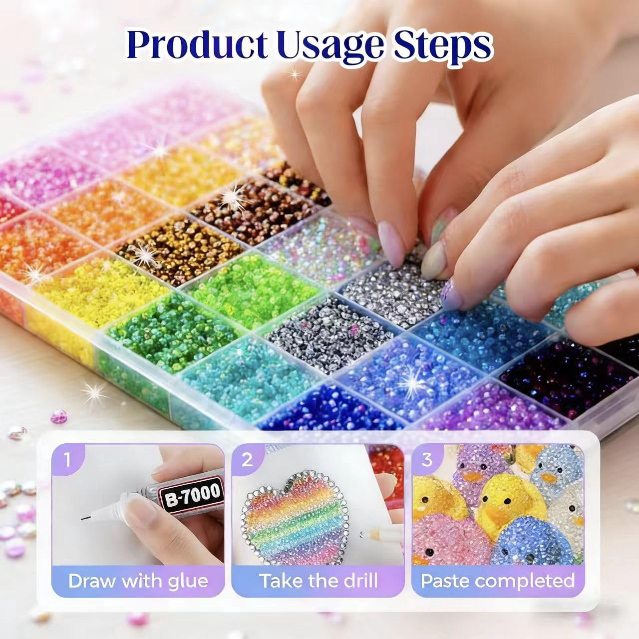 Colorful DIY Resin Rhinestone Kit, Resin Jelly Rhinestones for Bedazzling, Multicolor 3mm Flatback Gems for Diamond Art 3Pcs B7000 Jewelry Glue for Bedazzled Nail Art（40-Grid）