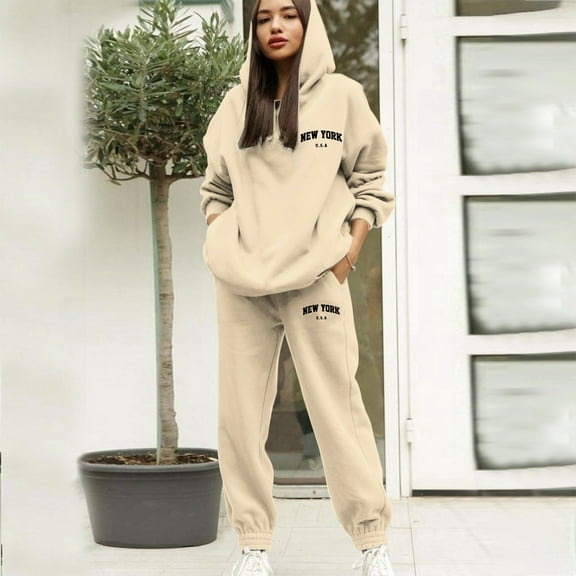 Letdown 2 Piece Lounge Tracksuits Sets for Women Long Sleeve Tops Elastic Bottom Sweatpants Sweatsuits with Pockets (Beige, M)