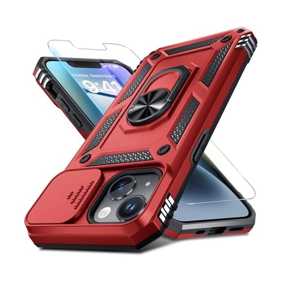 Case for iPhone 12 & 12 Pro Phone Cover Built in Slide Camera Lens Cover Screen Protector,Heavy Duty Shockproof Full Body PhoneCase with Finger Ring Holder Kickstand,Red