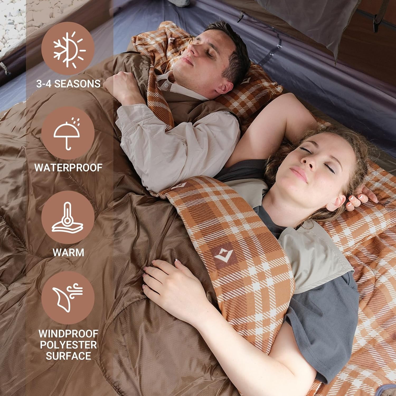 KingCamp Queen Size 2-Person Double Cotton Flannel Sleeping Bag - 8°F-44°F Cold Weather Rating, Lightweight & Compact for Backpacking, Includes Pillows for Couples & Family Camping, 8.8LBS (Coffee)
