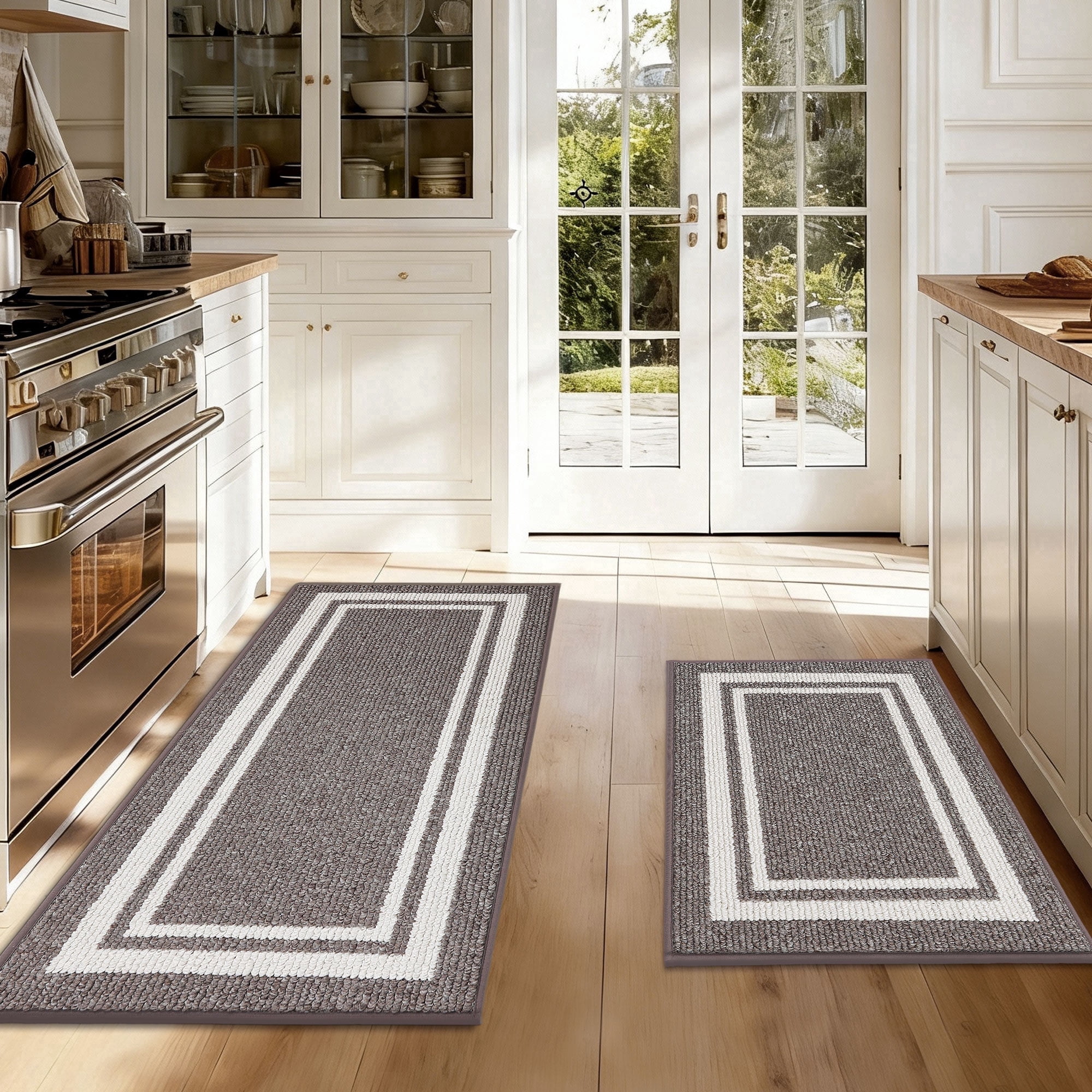 JAATOP Non-Slip Kitchen Mats, 24"x 36"+ 24"x 60" Absorbent Kitchen Rug Set of 2, Washable Mat for Kitchen, Brown