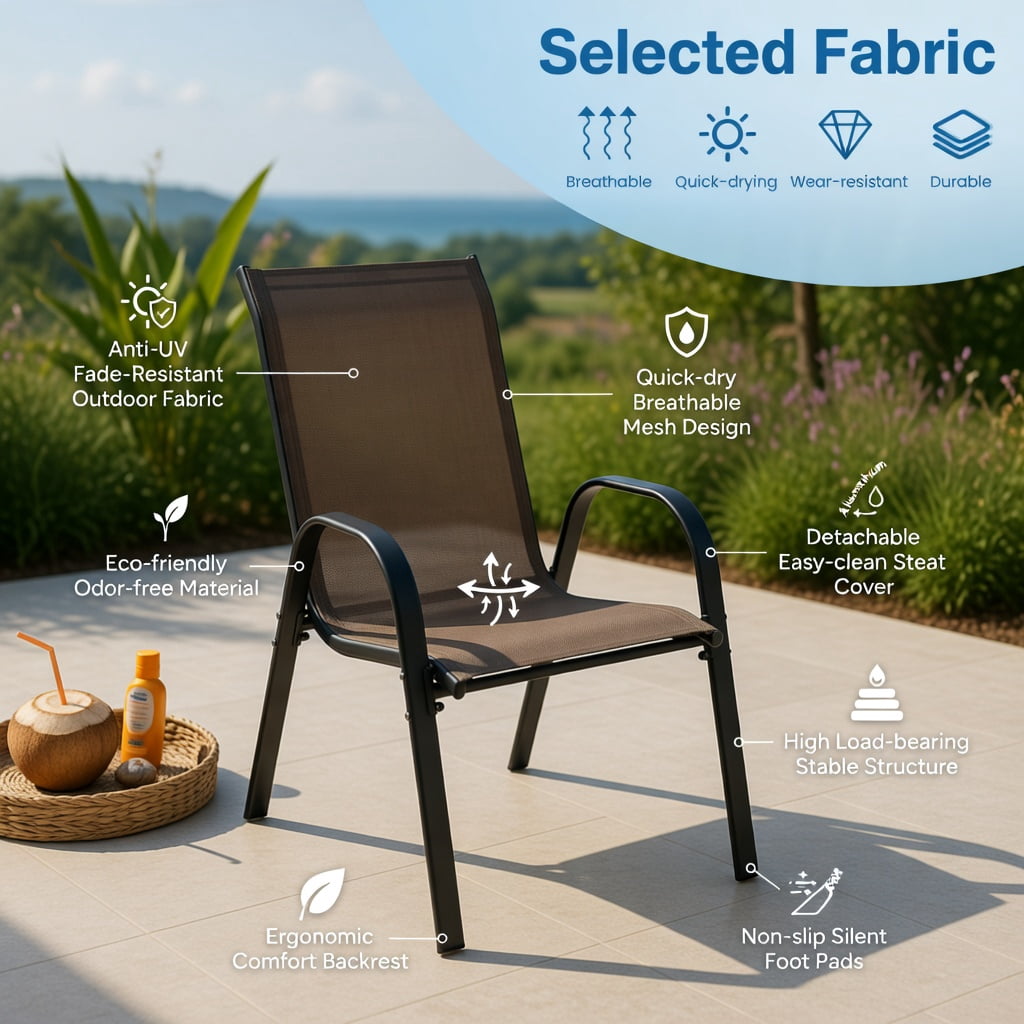 Hommoo 2-Pack Stackable Outdoor Dining Chairs with Ergonomic Armrests, Fabric & Grey Steel Frame,Space-Saving Patio Seating, Brown