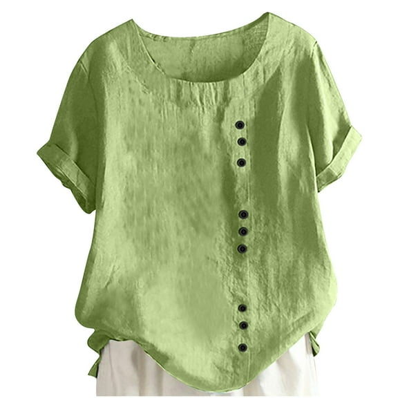 Girls Crewneck Cotton Linen Blouses Shirts Teens Casual Tuni𝐜 Shirt Button Short Sleeve Loose Slouch𝐲 Summer Trendy Clothes